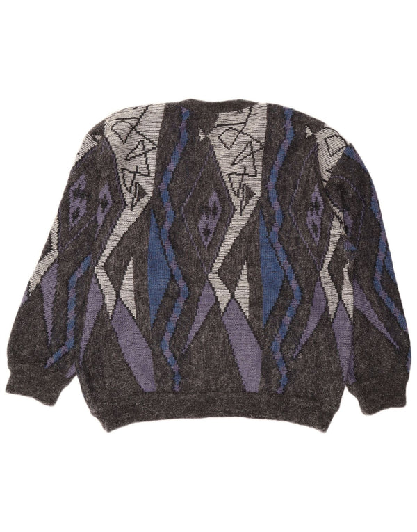 Vintage Mens V-Neck Jumper Sweater IT 54 XL Grey Geometric Wool
