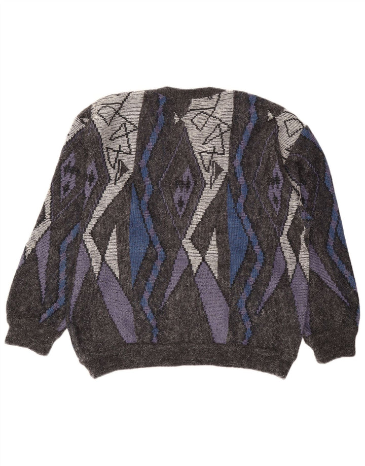 Vintage Mens V-Neck Jumper Sweater IT 54 XL Grey Geometric Wool