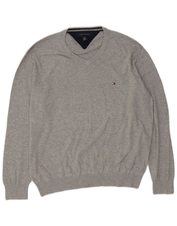Tommy Hilfiger Mens V-Neck Jumper Sweater Large Grey Cotton
