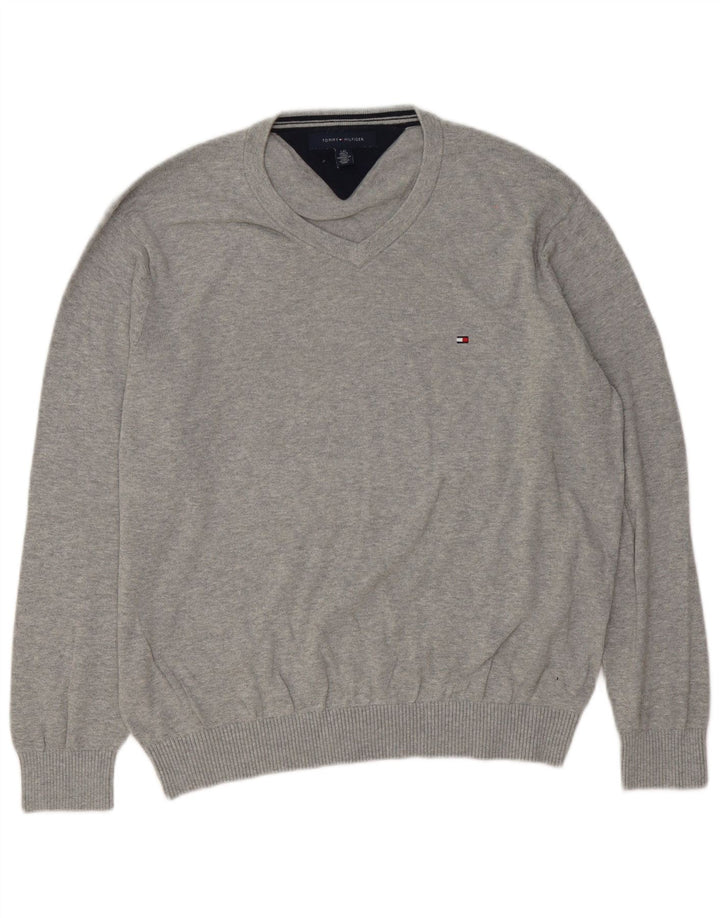 Tommy Hilfiger Mens V-Neck Jumper Sweater Large Grey Cotton