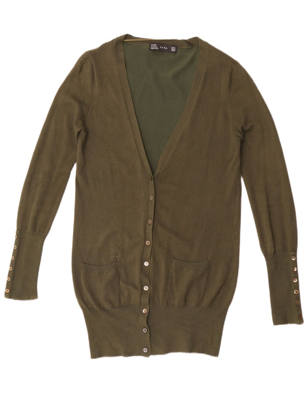 Zara Womens Longline Cardigan Sweater UK 12 Medium Khaki Rayon
