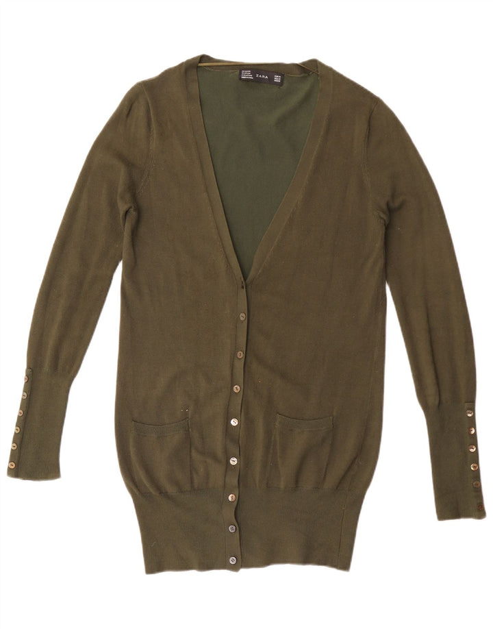 Zara Womens Longline Cardigan Sweater UK 12 Medium Khaki Rayon