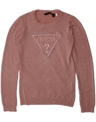 GUESS Girls Graphic Crew Neck Jumper Sweater 7-8 Years Pink Viscose