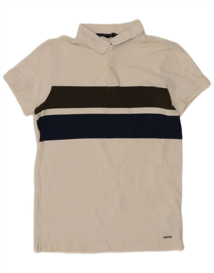 Massimo Dutti Mens Polo Shirt Small Off White Colourblock Cotton