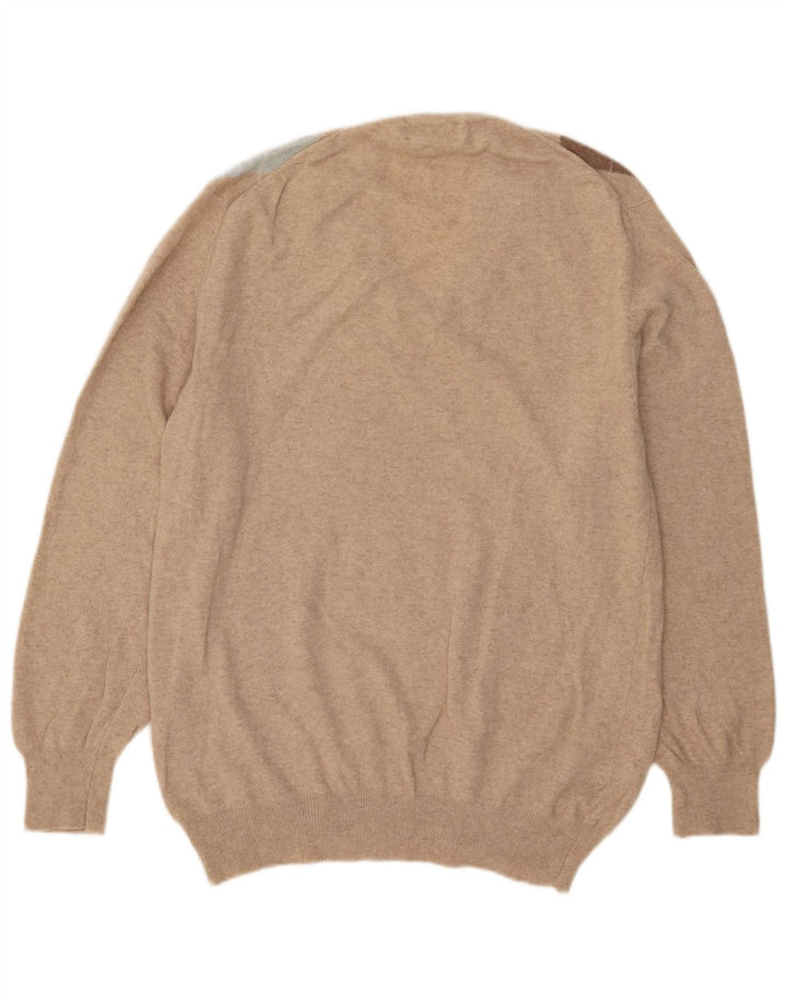 Valdoglio Mens V-Neck Jumper Sweater XL Beige Argyle/Diamond Wool