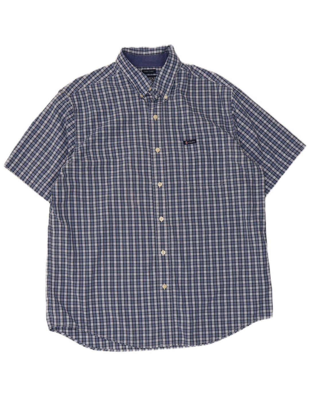Chaps Mens Easy Care Short Sleeve Shirt Large Blue Check Cotton