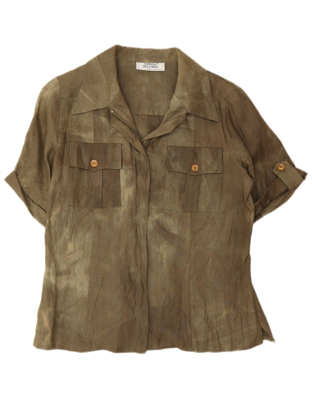 Vintage Womens Short Sleeve Shirt Blouse UK 12 Medium  Khaki Tie Dye Silk