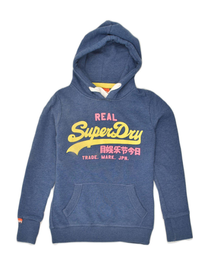 SUPERDRY Womens Graphic Hoodie Jumper UK 2 2XS Blue Cotton | Vintage Superdry | Thrift | Second-Hand Superdry | Used Clothing | Messina Hembry 