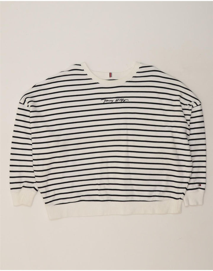 TOMMY HILFIGER Womens Oversized Sweatshirt Jumper UK 18 XL White Striped Vintage Tommy Hilfiger and Second-Hand Tommy Hilfiger from Messina Hembry 