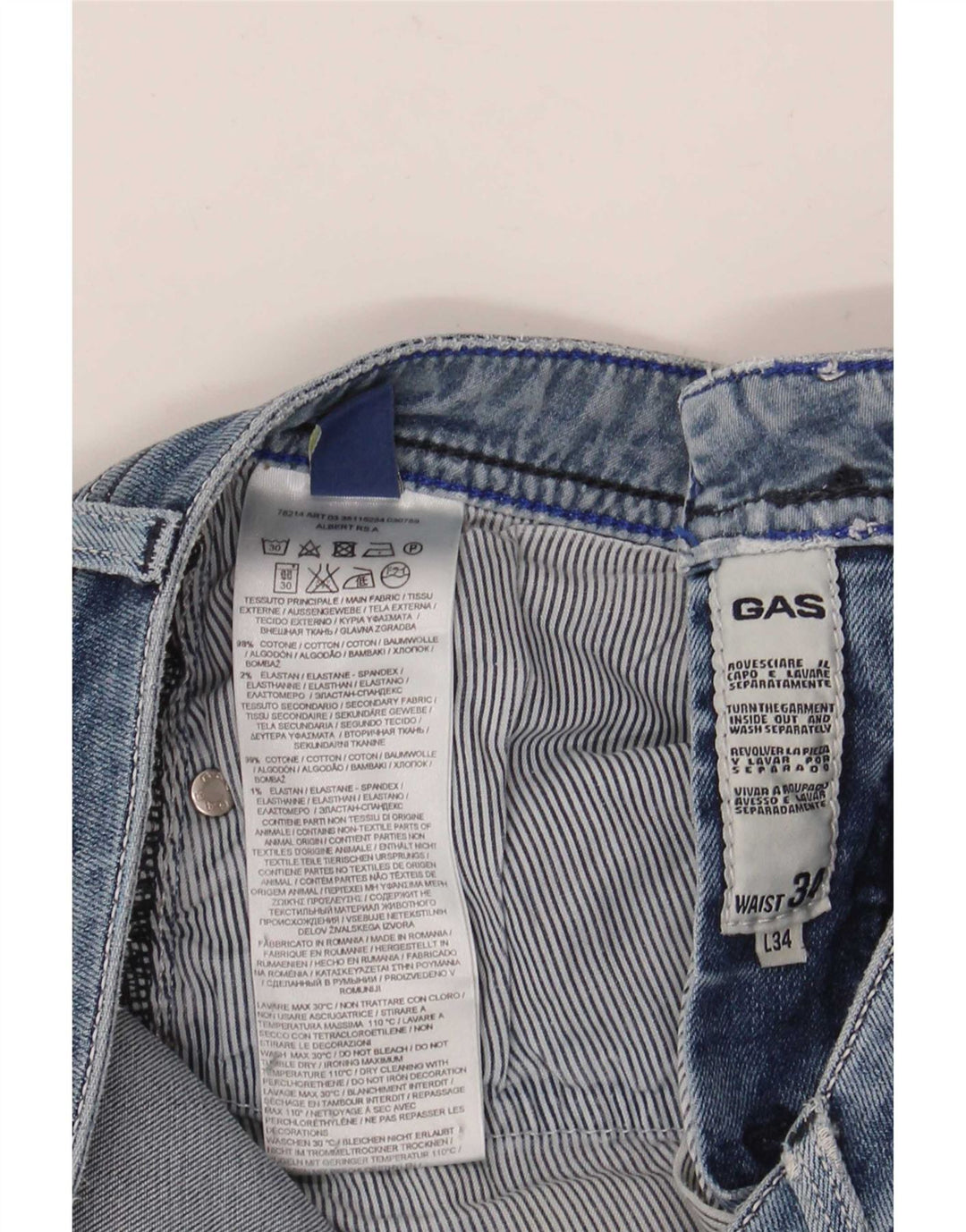 Gas Mens Straight Jeans W34 L34 Blue Cotton