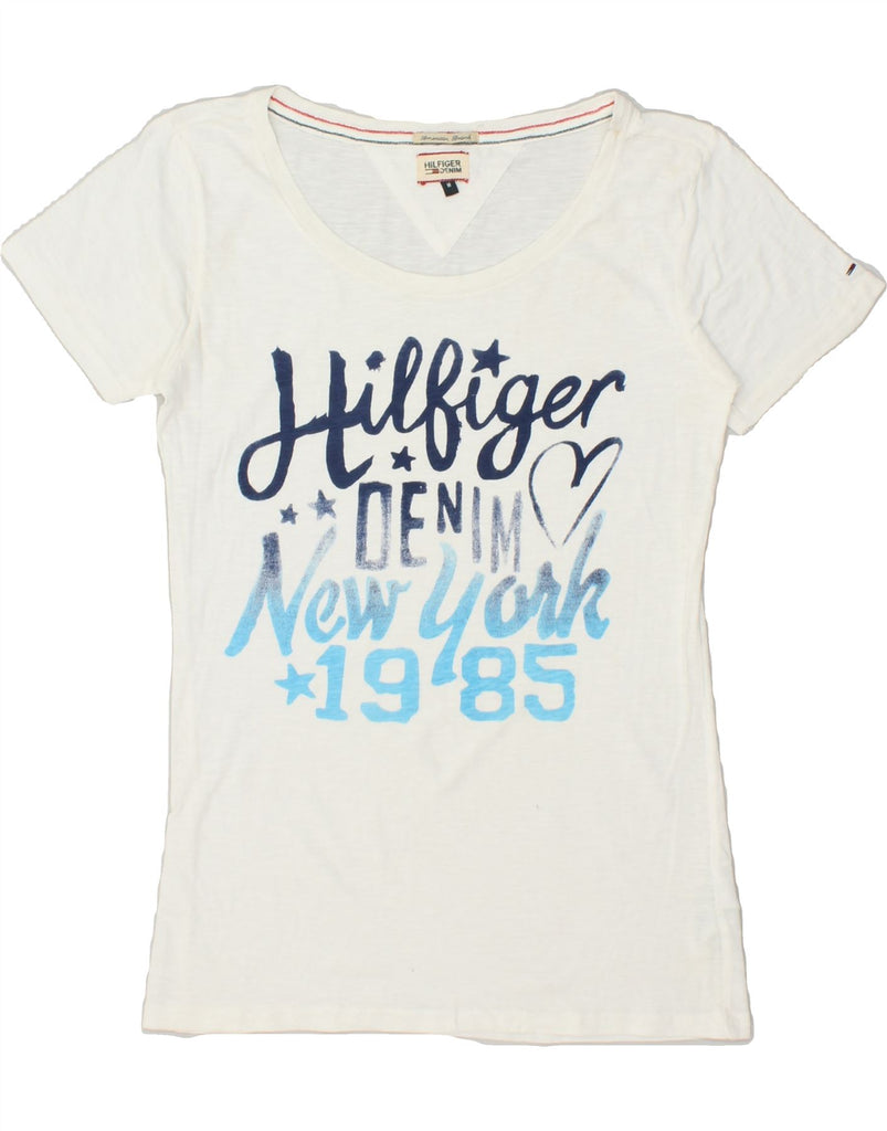 TOMMY HILFIGER Womens Graphic T-Shirt Top UK 14 Medium White Cotton | Vintage Tommy Hilfiger | Thrift | Second-Hand Tommy Hilfiger | Used Clothing | Messina Hembry 