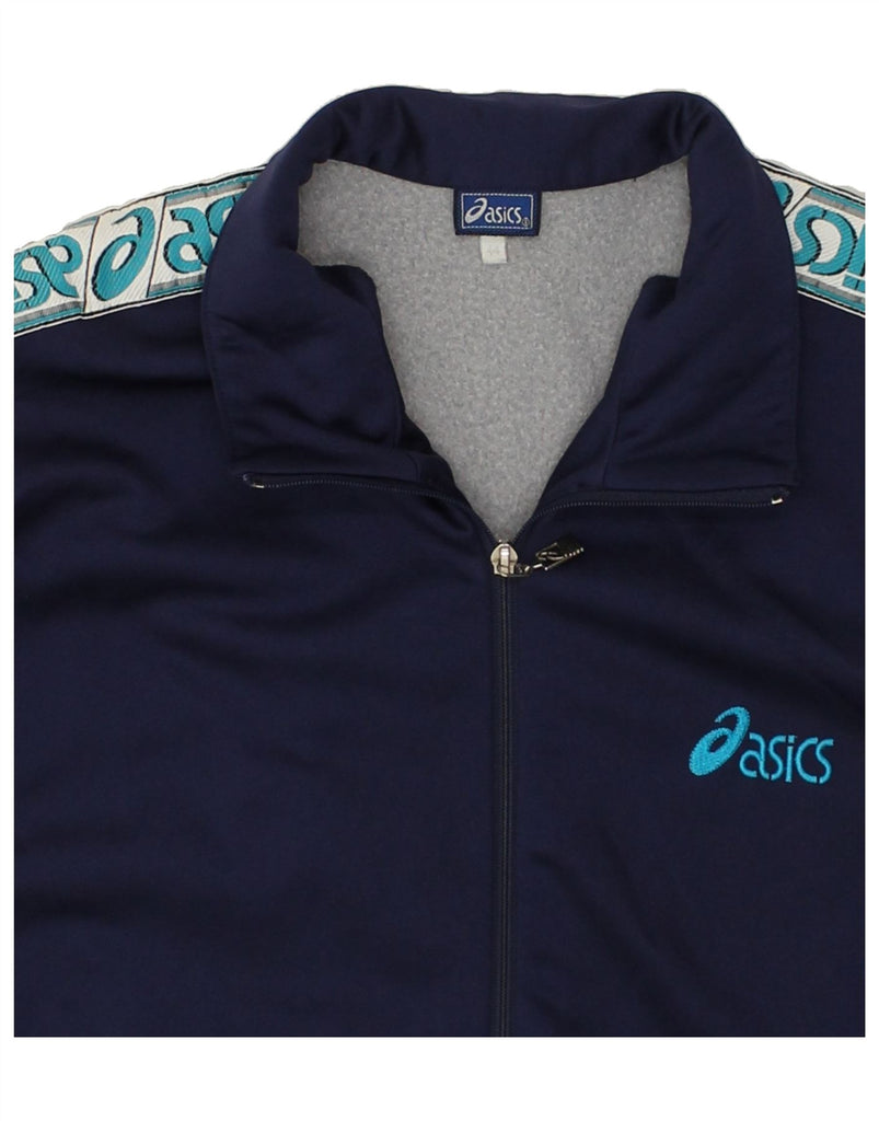 ASICS Mens Graphic Tracksuit Top Jacket IT 44 XS Navy Blue Polyamide | Vintage Asics | Thrift | Second-Hand Asics | Used Clothing | Messina Hembry 