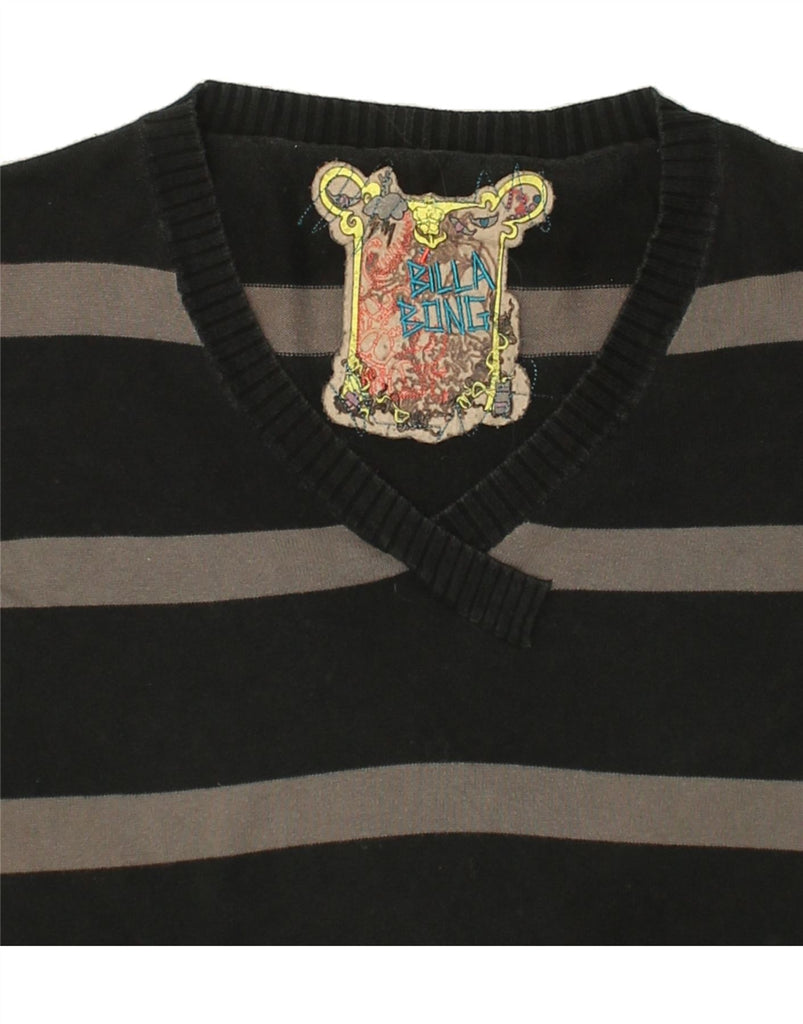 BILLABONG Womens V-Neck Jumper Sweater UK 12 Medium Black Striped Cotton | Vintage Billabong | Thrift | Second-Hand Billabong | Used Clothing | Messina Hembry 