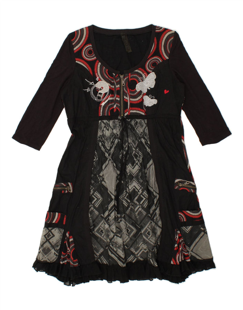 DESIGUAL Womens 3/4 Sleeve Empire Dress EU 40 Medium Black Geometric Vintage Desigual and Second-Hand Desigual from Messina Hembry 