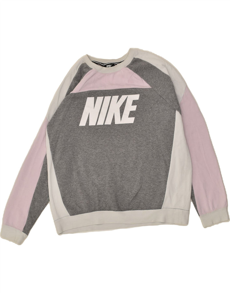 NIKE Womens Graphic Sweatshirt Jumper UK 16 Large Grey Colourblock Cotton | Vintage Nike | Thrift | Second-Hand Nike | Used Clothing | Messina Hembry 