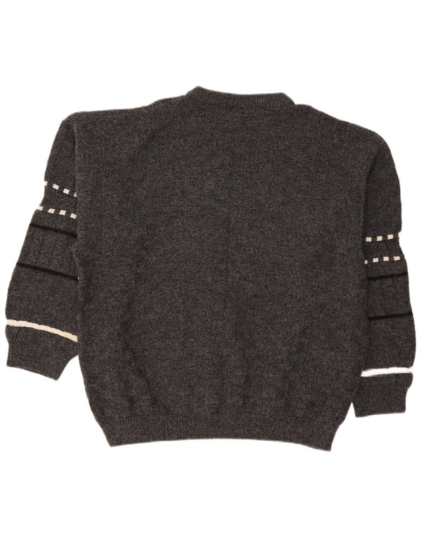 Vintage Mens Crew Neck Jumper Sweater 2XL Grey Striped Wool