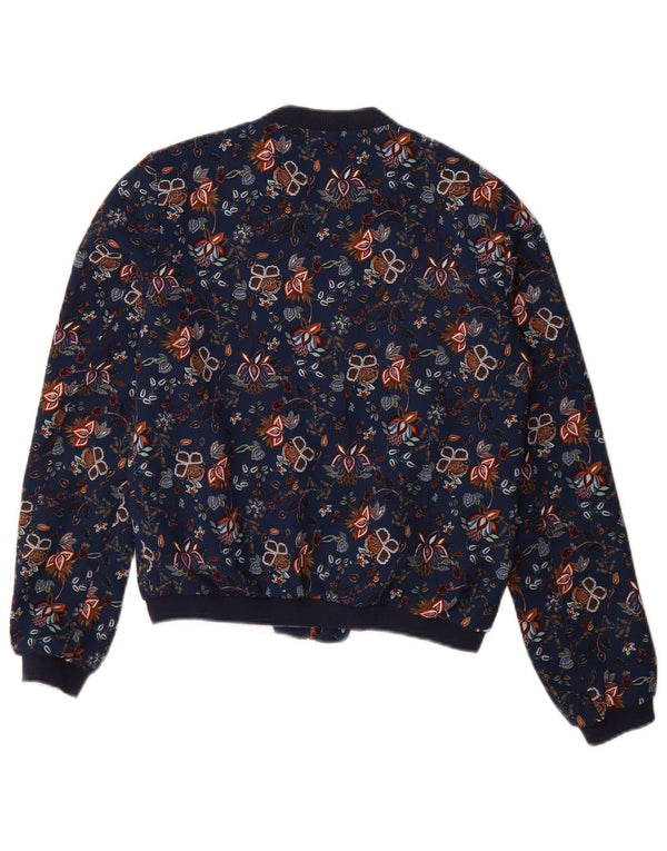 Zara Womens Trafaluc Bomber Jacket UK 10 Small Navy Blue Floral Polyester