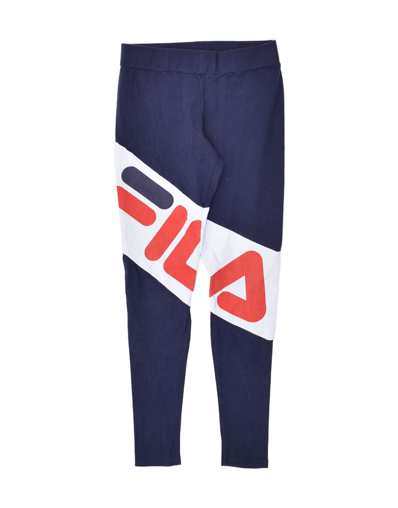 FILA Womens Graphic Leggings UK 10 Small Navy Blue Colourblock Cotton | Vintage Fila | Thrift | Second-Hand Fila | Used Clothing | Messina Hembry 