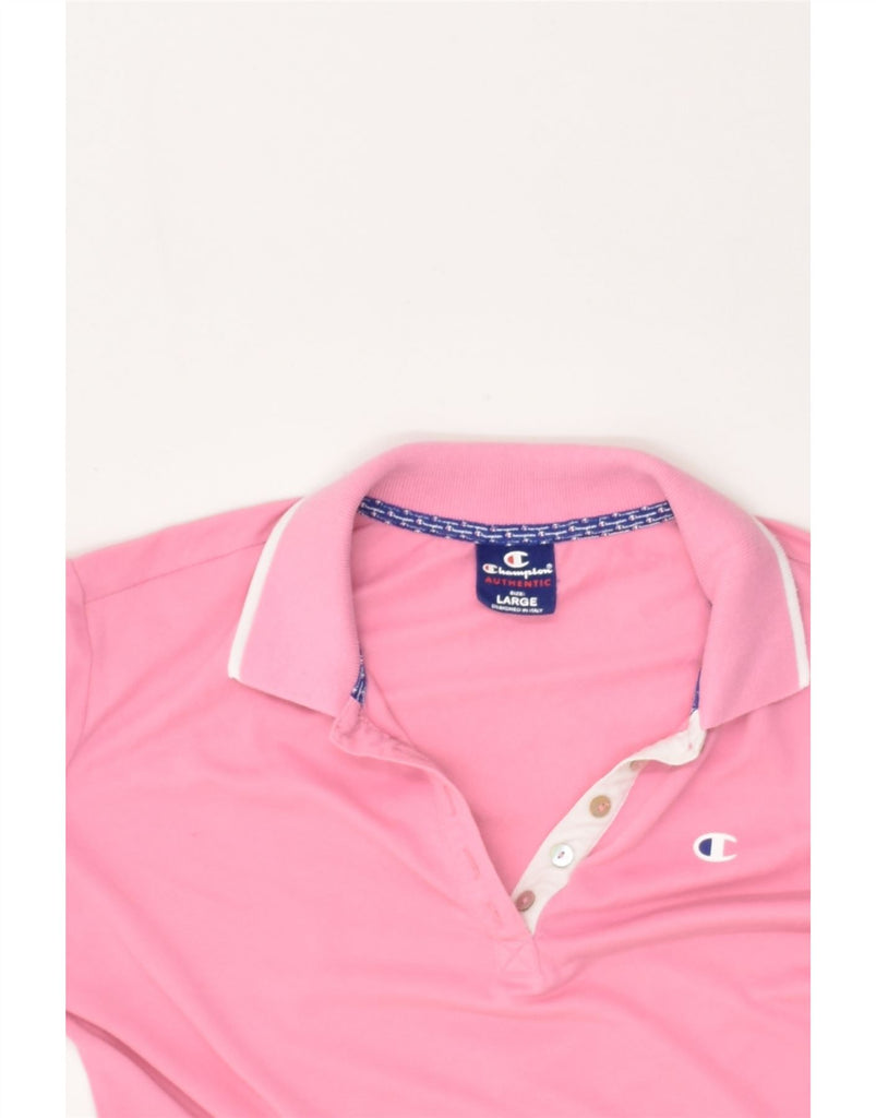 CHAMPION Womens Polo Shirt UK 14 Large Pink Cotton | Vintage Champion | Thrift | Second-Hand Champion | Used Clothing | Messina Hembry 