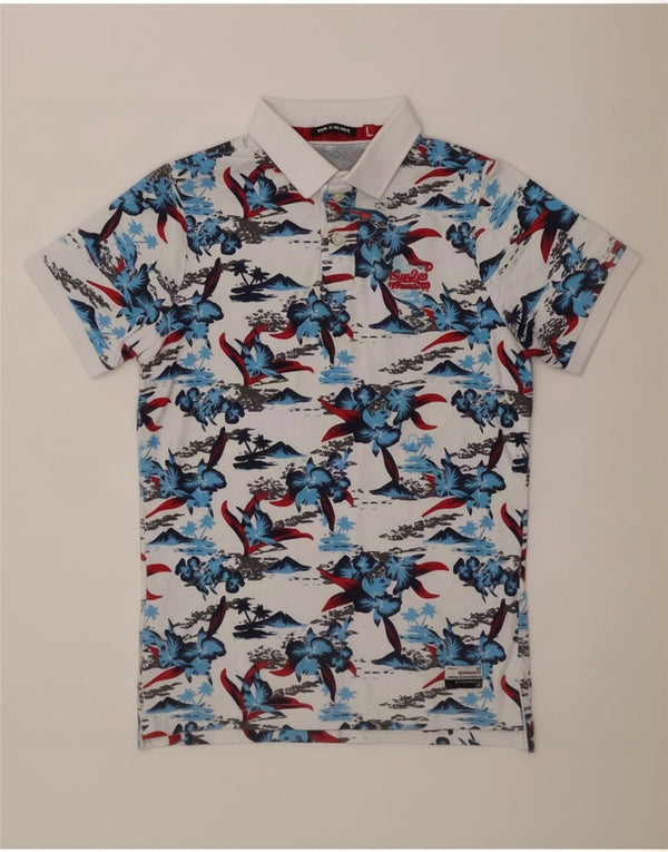 Superdry Mens Hawaiian Polo Shirt Large White Floral Cotton
