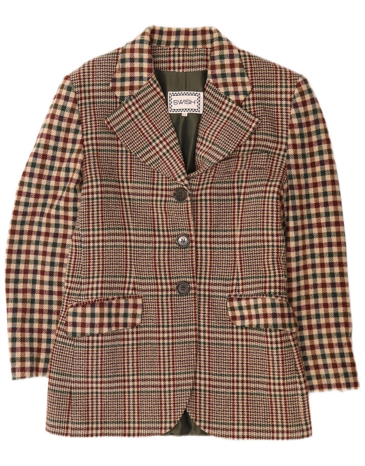 Swish Womens 3 Button Blazer Jacket IT 42 Medium Brown Houndstooth Wool