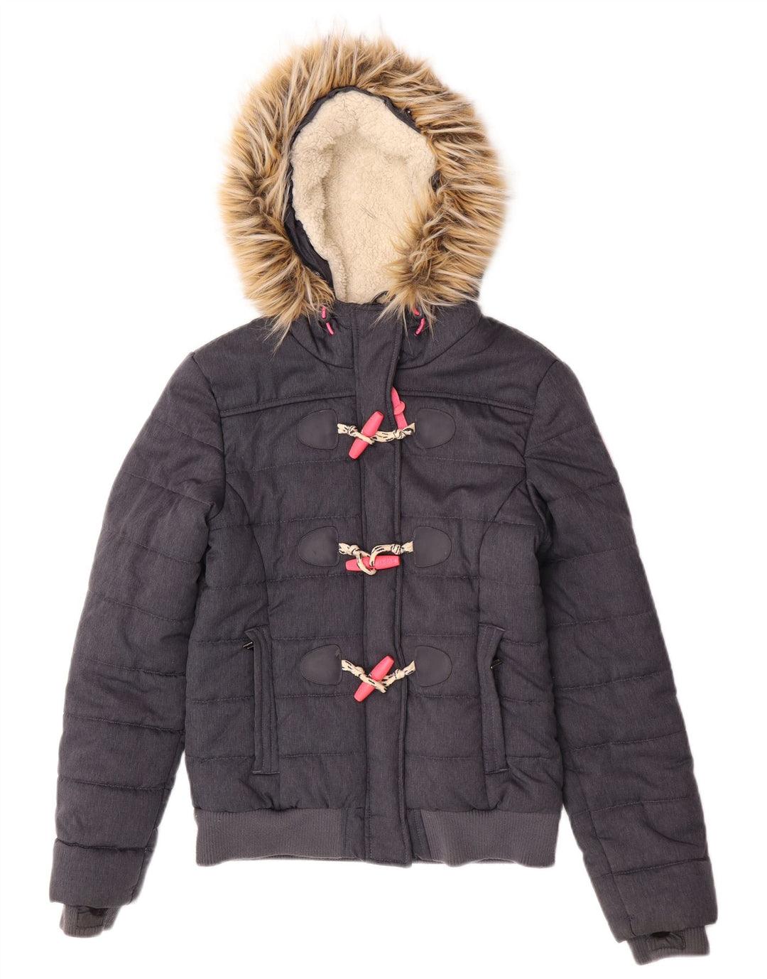 Superdry Womens Hooded Bomber Padded Jacket UK 8 Small Grey Polyester