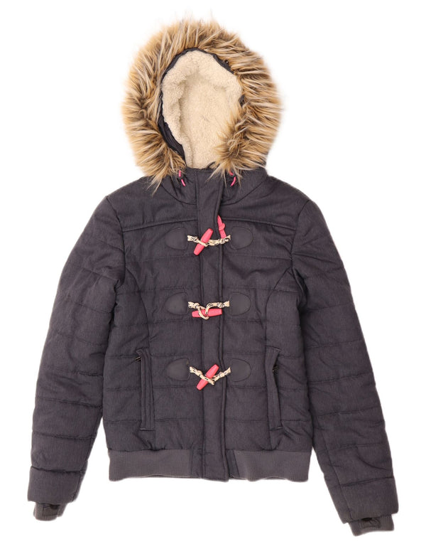 Superdry Womens Hooded Bomber Padded Jacket UK 8 Small Grey Polyester