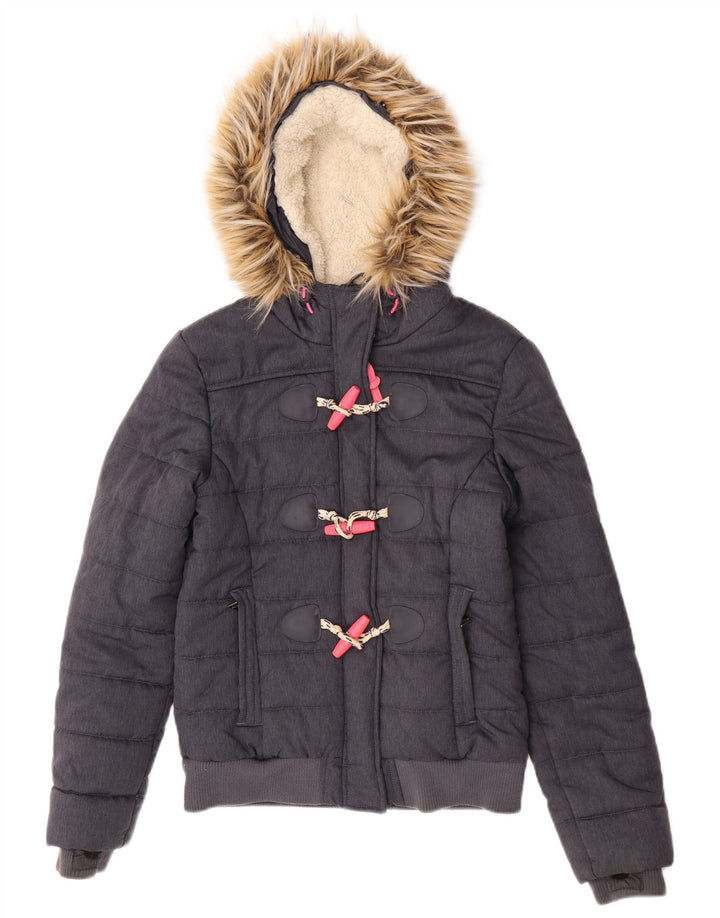 Superdry Womens Hooded Bomber Padded Jacket UK 8 Small Grey Polyester