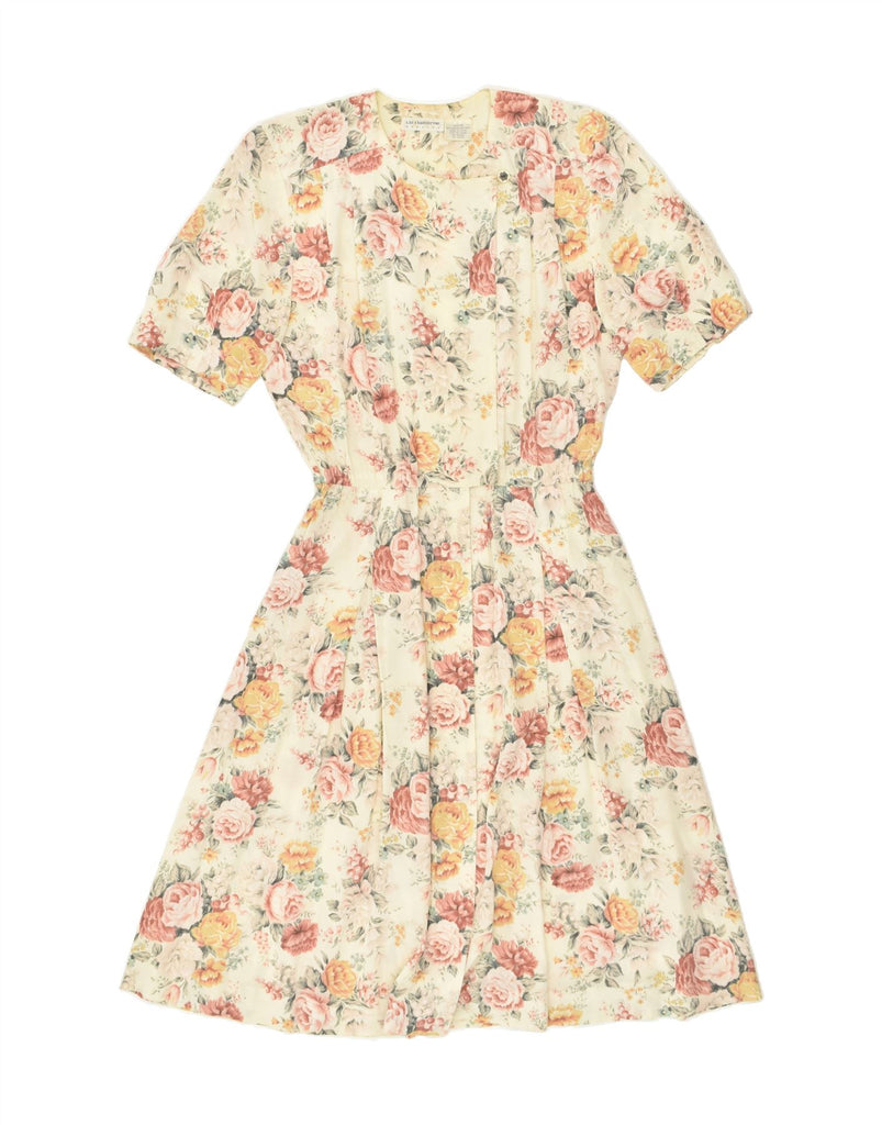 LIZ CLAIBORNE Womens A-Line Dress UK 10 Small Beige Floral Rayon | Vintage Liz Claiborne | Thrift | Second-Hand Liz Claiborne | Used Clothing | Messina Hembry 