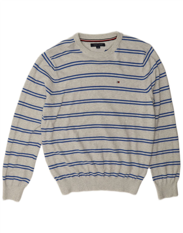 Tommy Hilfiger Mens Crew Neck Jumper Sweater Medium Grey Striped Cotton