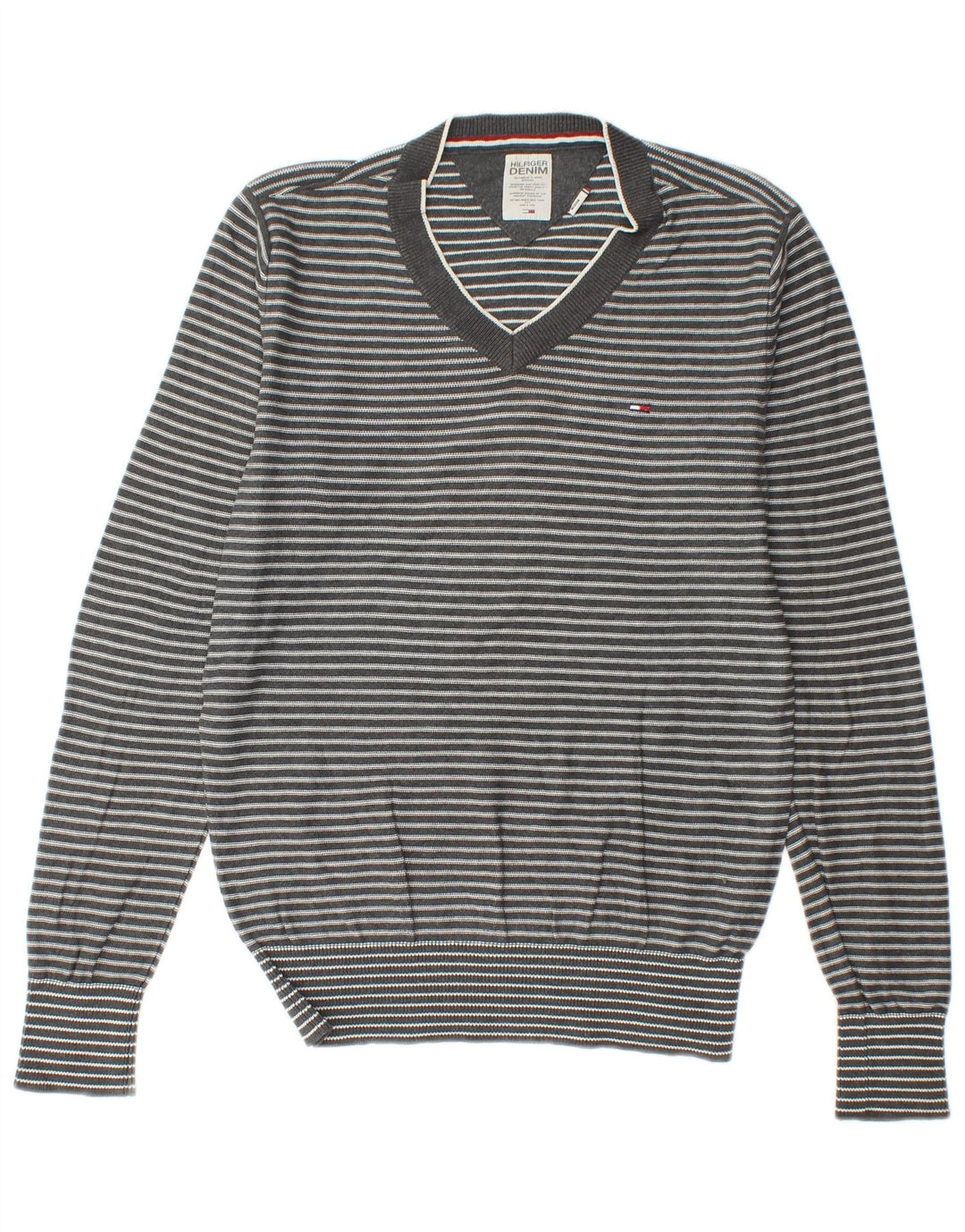 TOMMY HILFIGER Mens V-Neck Jumper Sweater Medium Grey Striped Cotton