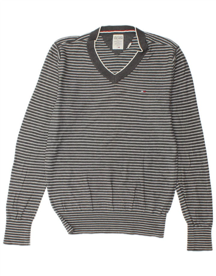 TOMMY HILFIGER Mens V-Neck Jumper Sweater Medium Grey Striped Cotton