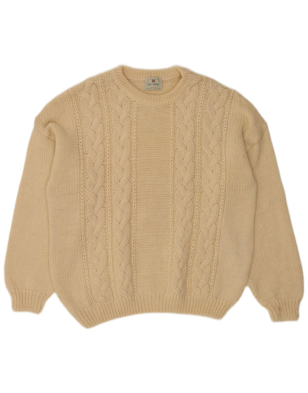 Vintage Mens Crew Neck Jumper Sweater Medium Beige Wool