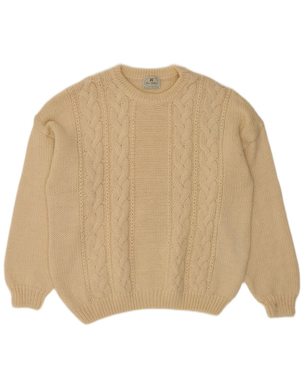 Vintage Mens Crew Neck Jumper Sweater Medium Beige Wool