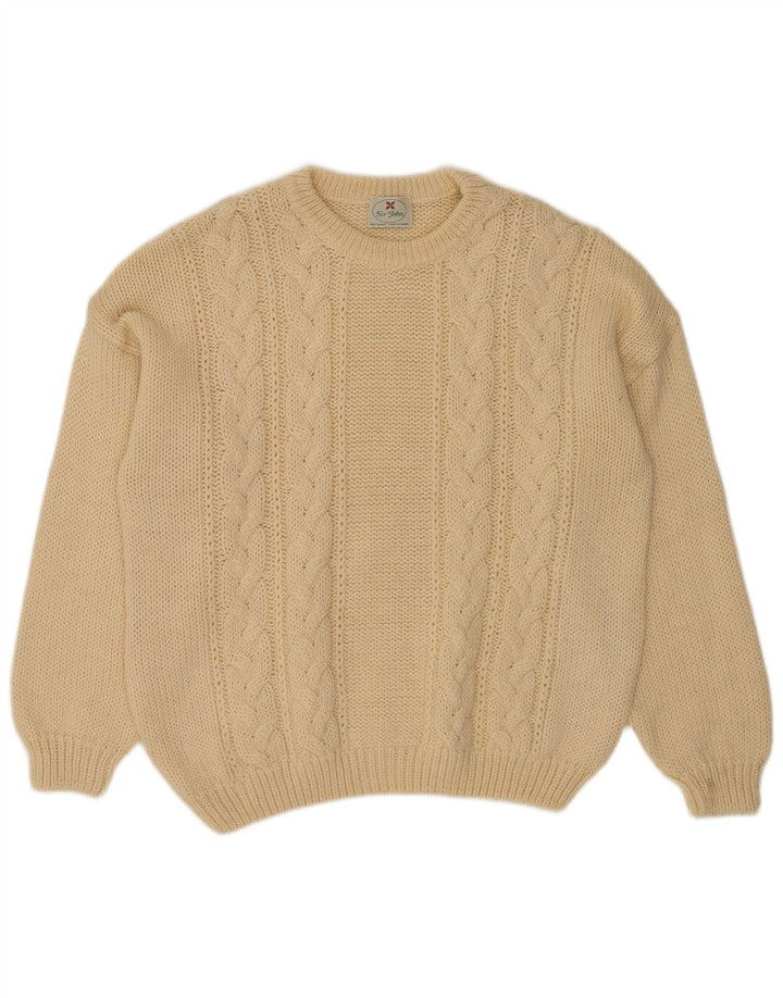 Vintage Mens Crew Neck Jumper Sweater Medium Beige Wool