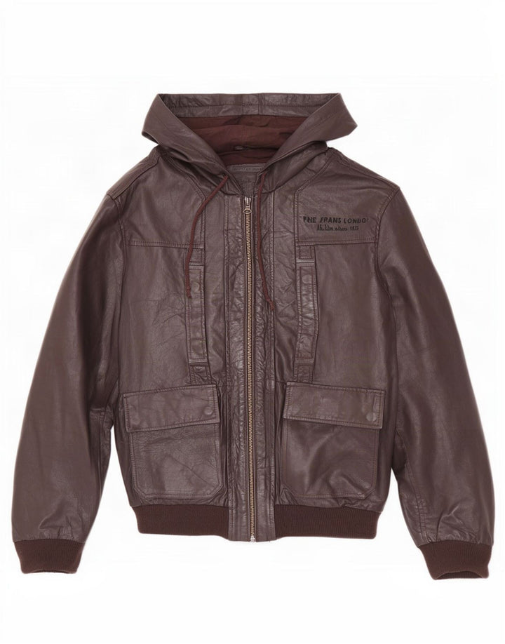 PEPE Jeans Mens Hooded Leather Jacket UK 36 Small Brown