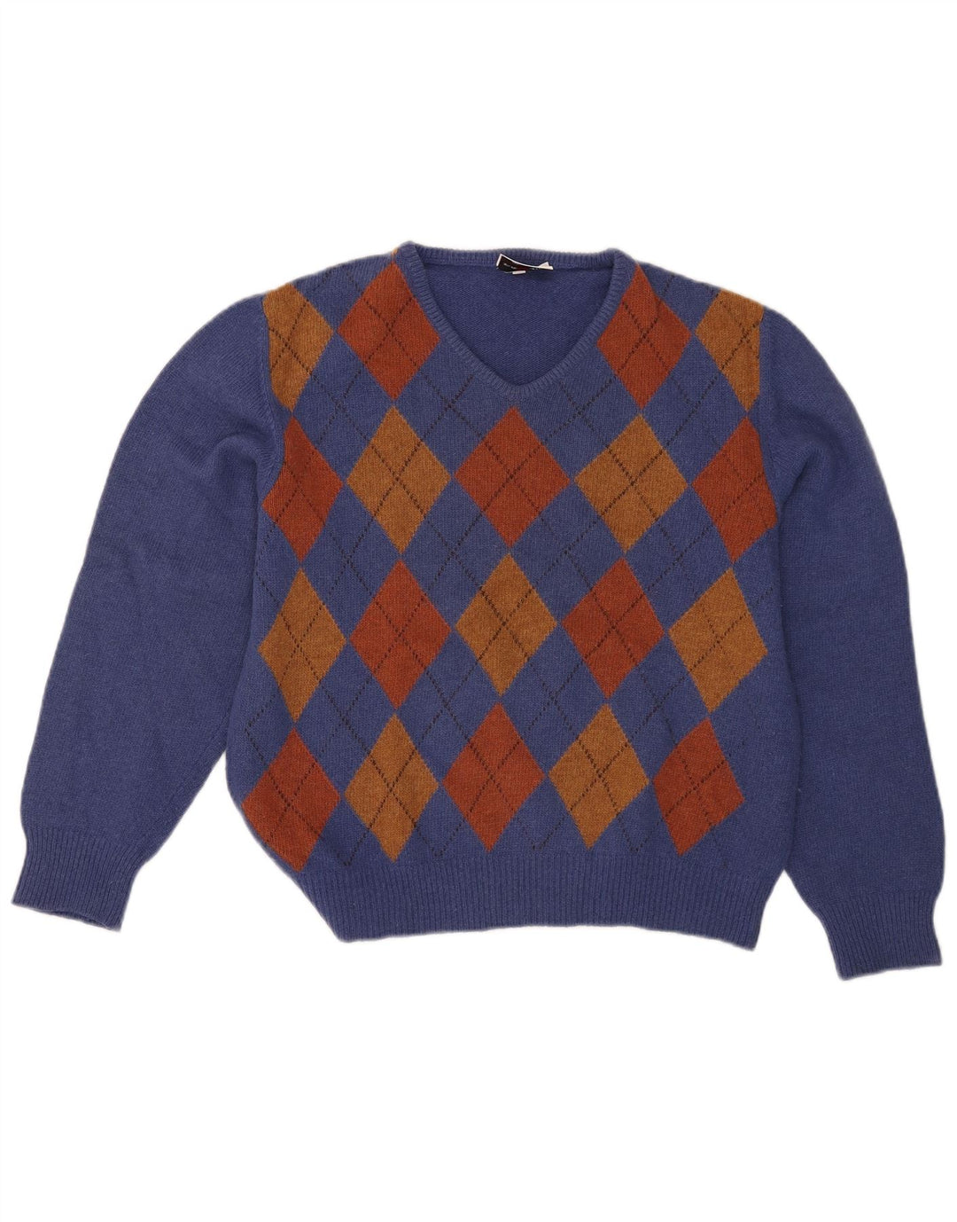 Mazzonetto Womens V-Neck Jumper Sweater UK 12 Medium Blue Argyle/Diamond