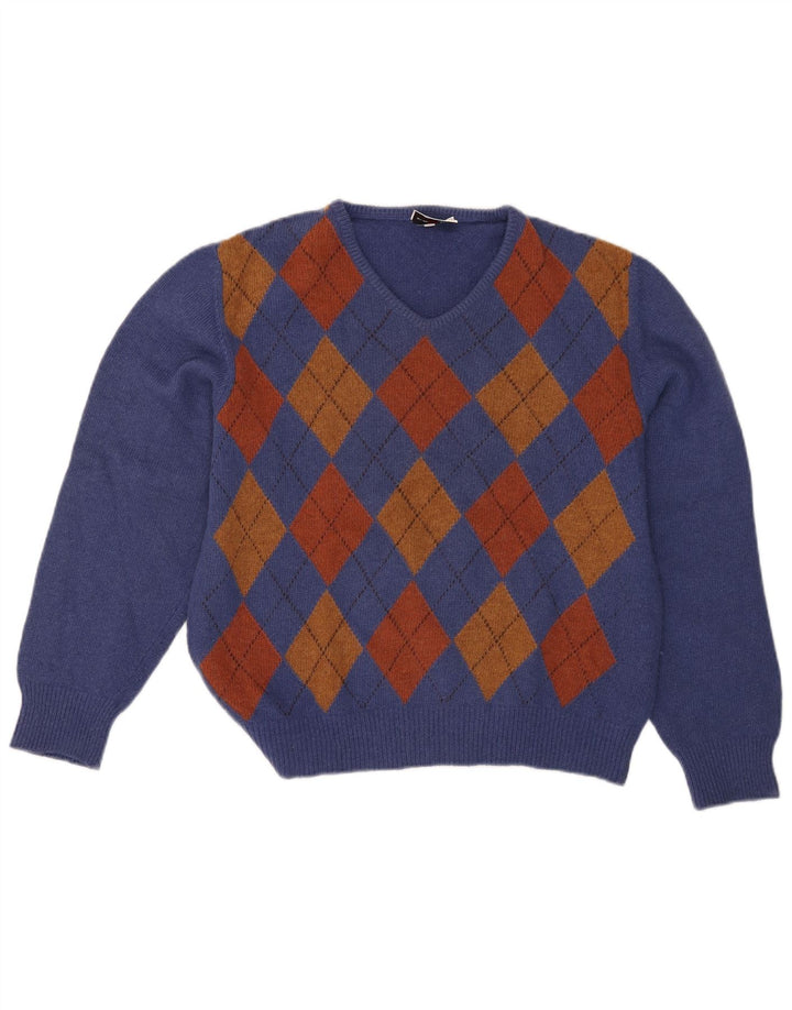 Mazzonetto Womens V-Neck Jumper Sweater UK 12 Medium Blue Argyle/Diamond
