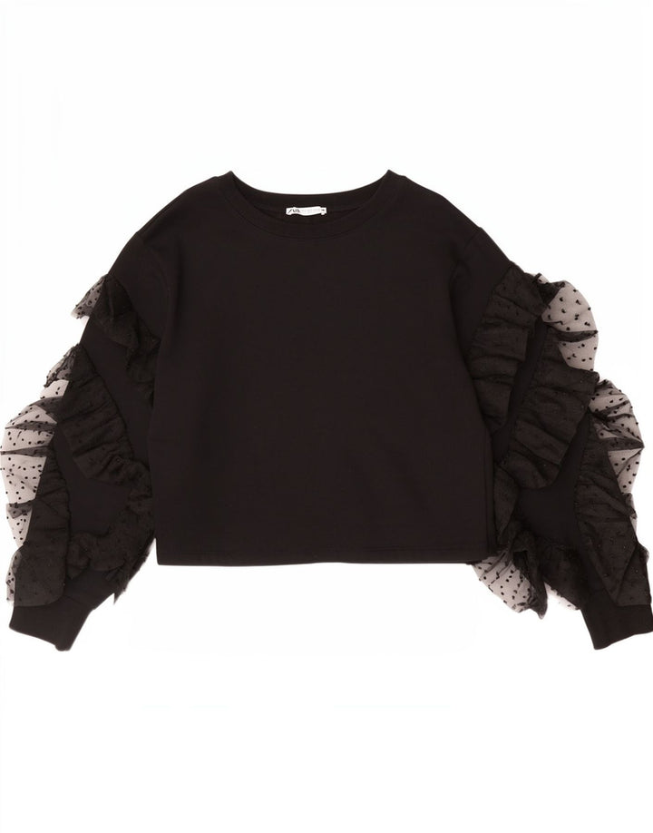 Zara Womens Crop Top Long Sleeve UK 10 Small Black Cotton