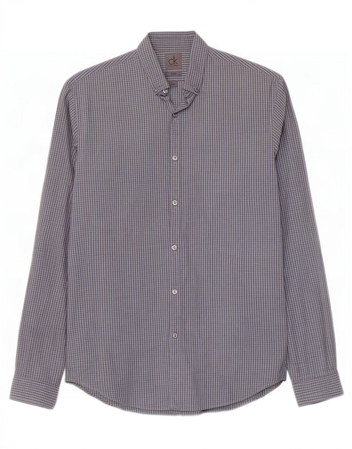 Calvin Klein Mens Slim Fit Shirt Size 39 15 1/2 Medium Blue Gingham Cotton
