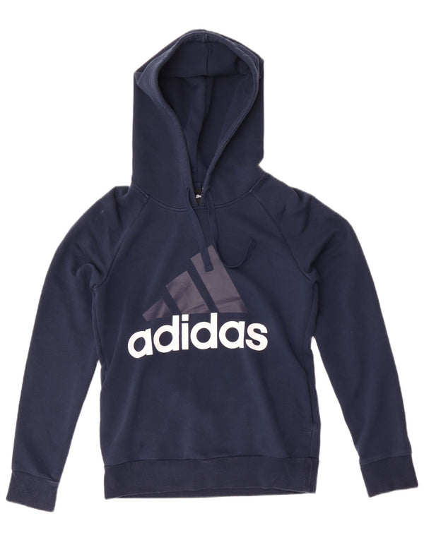 Adidas Womens Graphic Hoodie Jumper UK 8/10 Small Navy Blue Cotton