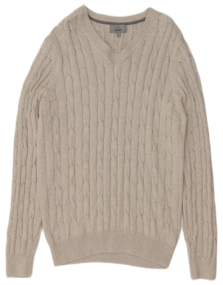 Marks & Spencer Mens Regular Fit V-Neck Jumper Sweater Large Beige Cotton