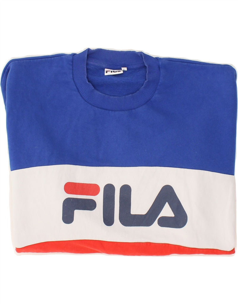 FILA Mens Graphic Sweatshirt Jumper Large Blue Colourblock Cotton | Vintage Fila | Thrift | Second-Hand Fila | Used Clothing | Messina Hembry 