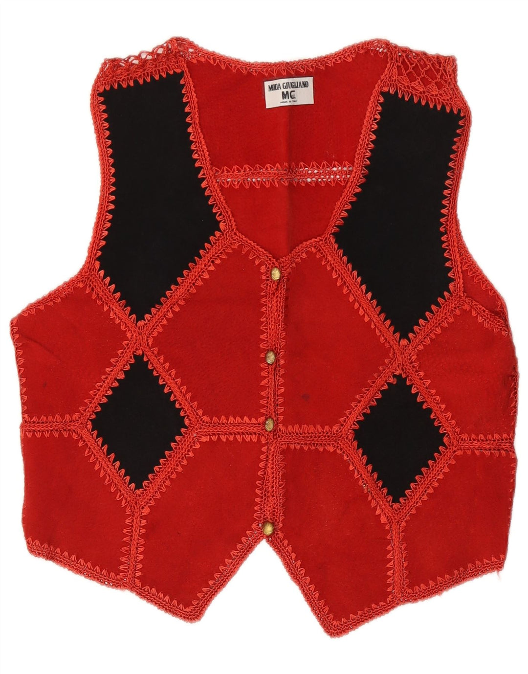 Vintage Womens Crop Suede Waistcoat UK 14 Medium Red Geometric