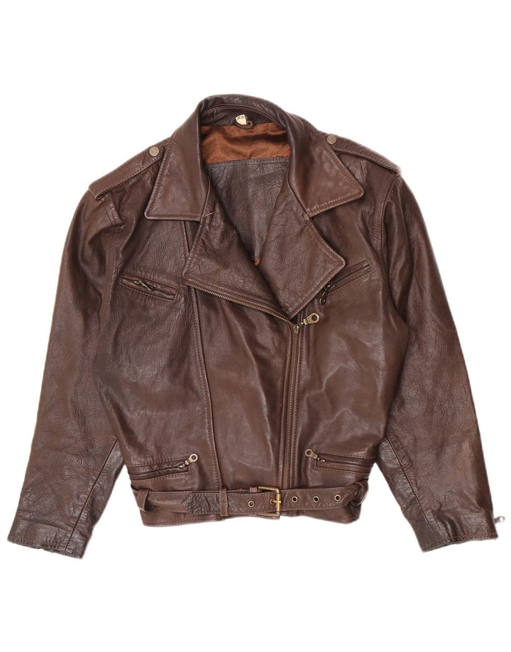 Vintage Womens Oversized Leather Biker Jacket UK 6 XS Brown Leather