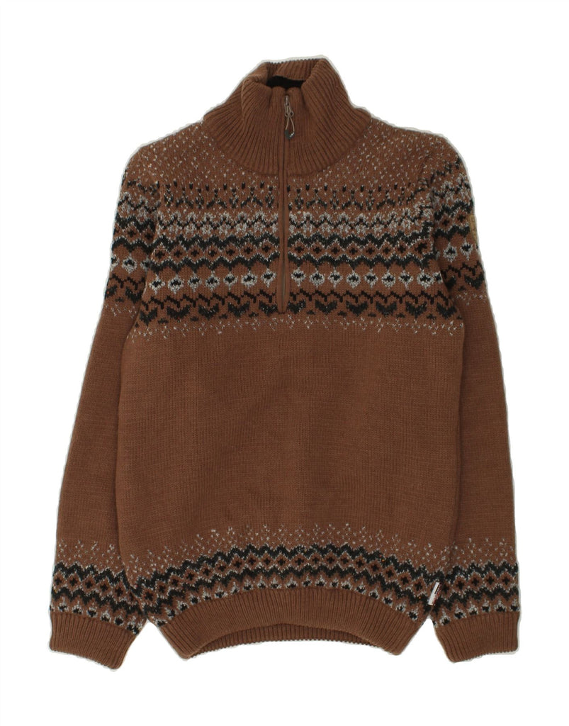 VINTAGE Mens Zip Neck Jumper Sweater Small Brown Fair Isle Acrylic | Vintage Vintage | Thrift | Second-Hand Vintage | Used Clothing | Messina Hembry 