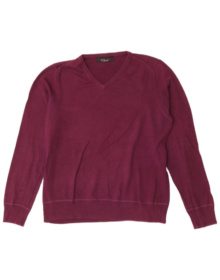 Zara Mens V-Neck Jumper Sweater Large Burgundy
