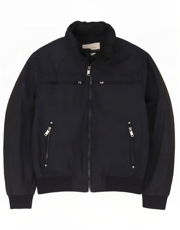 Zara Mens Bomber Jacket UK 40 Large Navy Blue Polyester