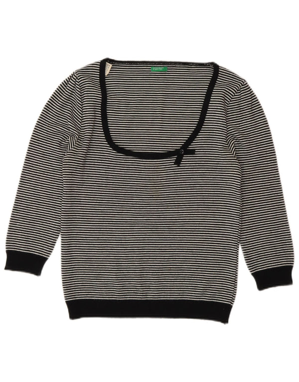 Benetton Womens Boat Neck Jumper Sweater UK 12 Medium Black Striped