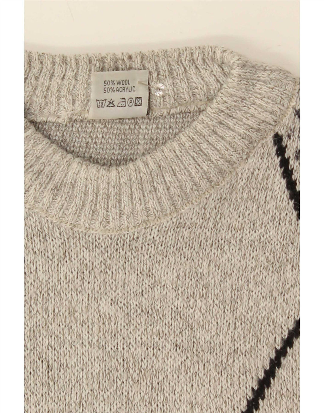 Vintage Mens Crew Neck Jumper Sweater Large Grey Geometric Wool